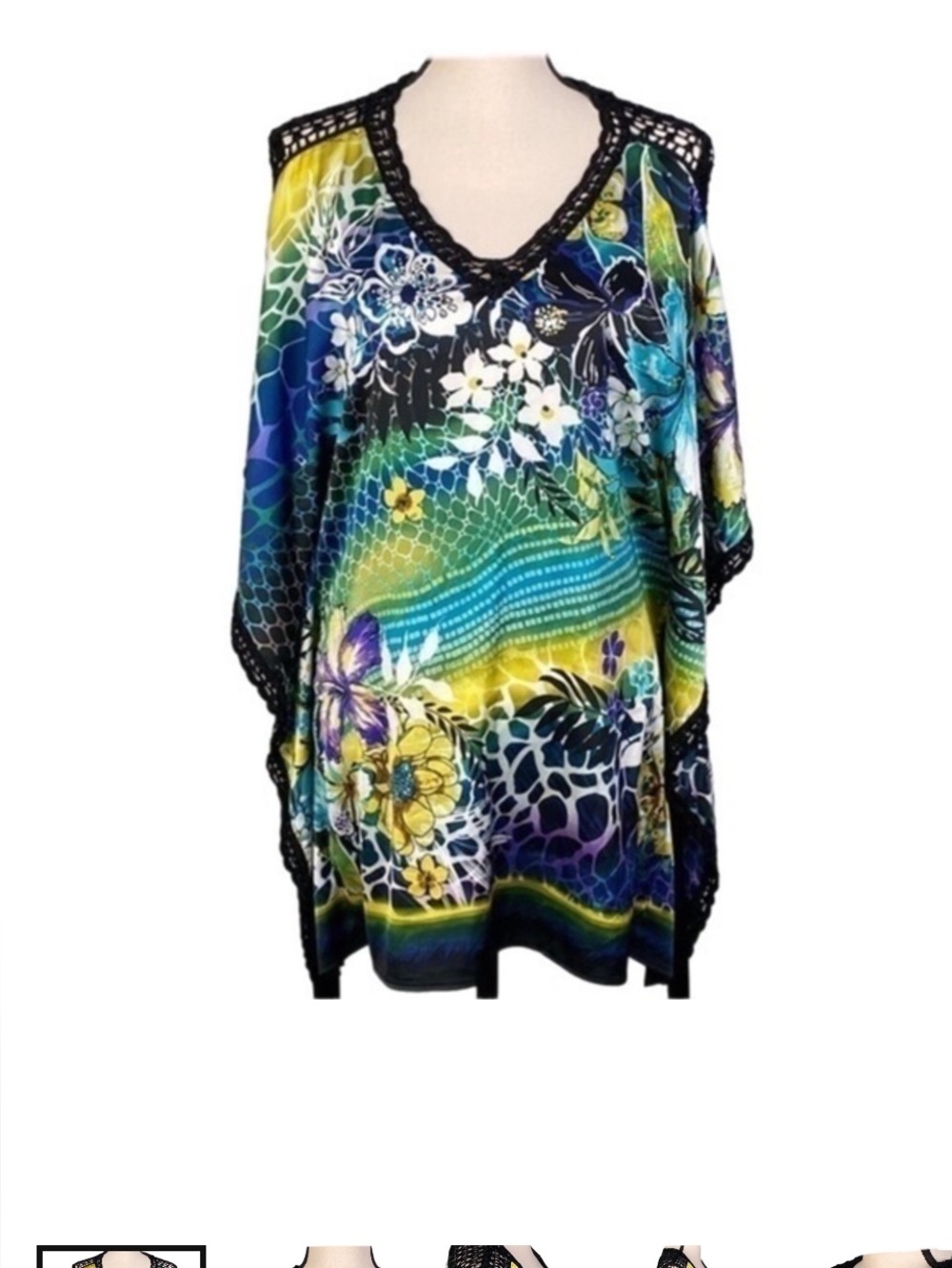 CACHE butterfly swim cover or blouse with black crochet trim in size Small. EUC